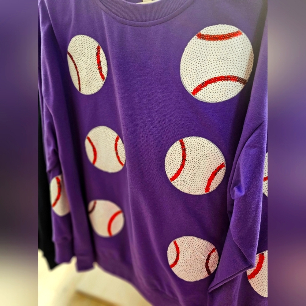 Purple Long Sleeve Tee embellished with sequin baseballs. Roomy.